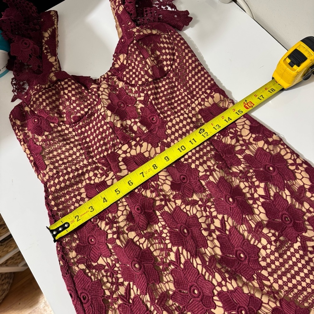 Bardot feminine whimsical  fairy Burgundy Lace romantic, formal Midi Dress - Picture 11 of 14